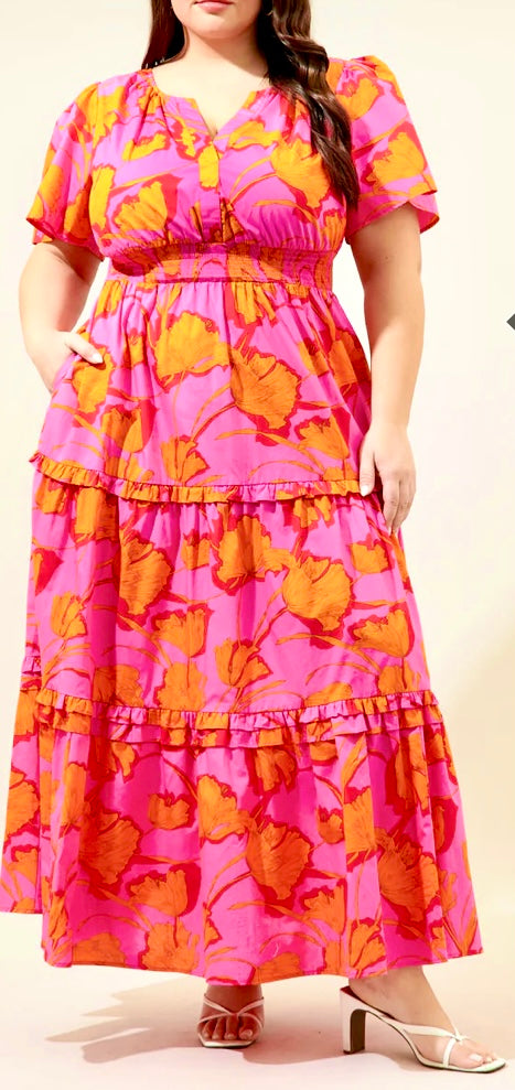 Tiered Fuchsia- Orange Dress - Fashion Sophisticated Boutique