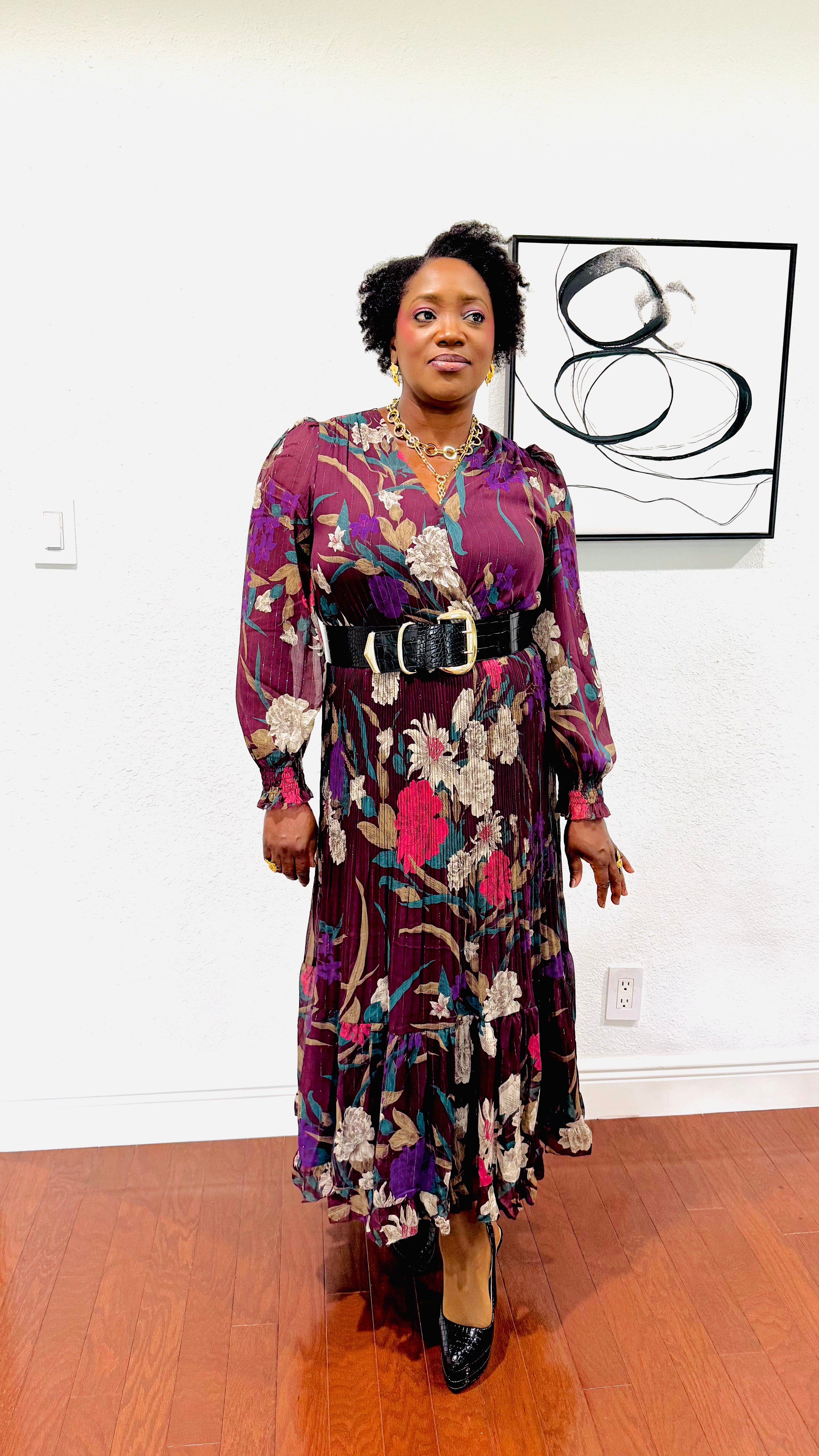 Floral Metallic Pinstripe Chiffon Maxi Dress by Current Air - D-S Fashion Sophisticated Boutique