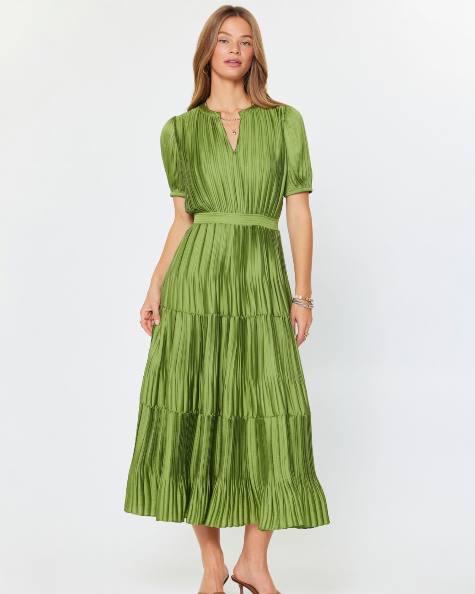 Pleated Tiered Maxi Dress with Puff Sleeves