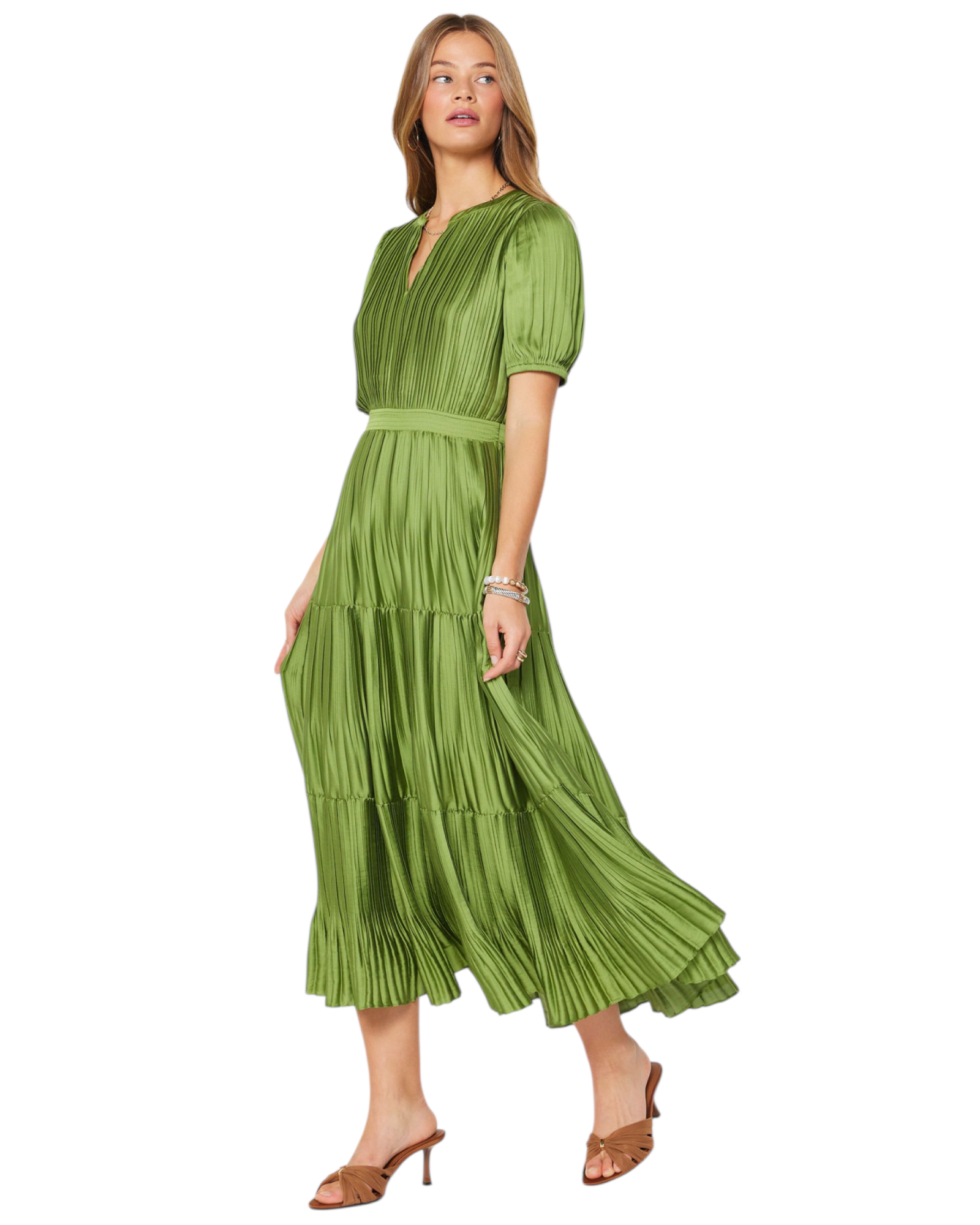 Pleated Tiered Maxi Dress with Puff Sleeves