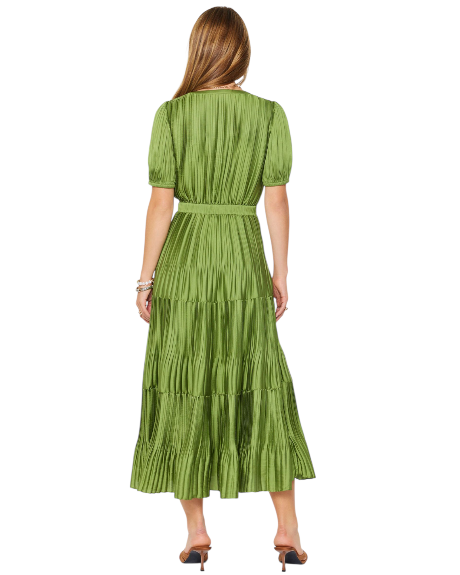 Pleated Tiered Maxi Dress with Puff Sleeves