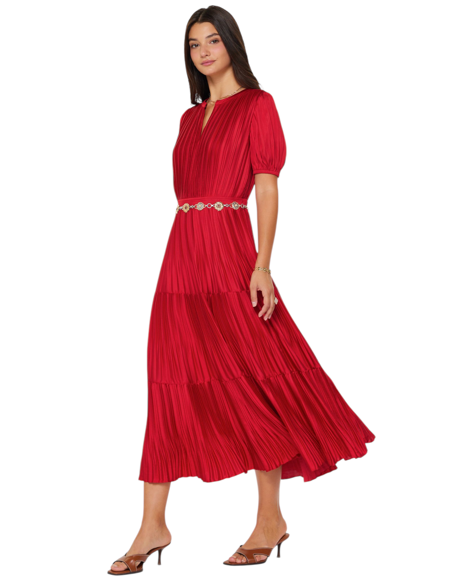 Pleated Tiered Maxi Dress with Puff Sleeves