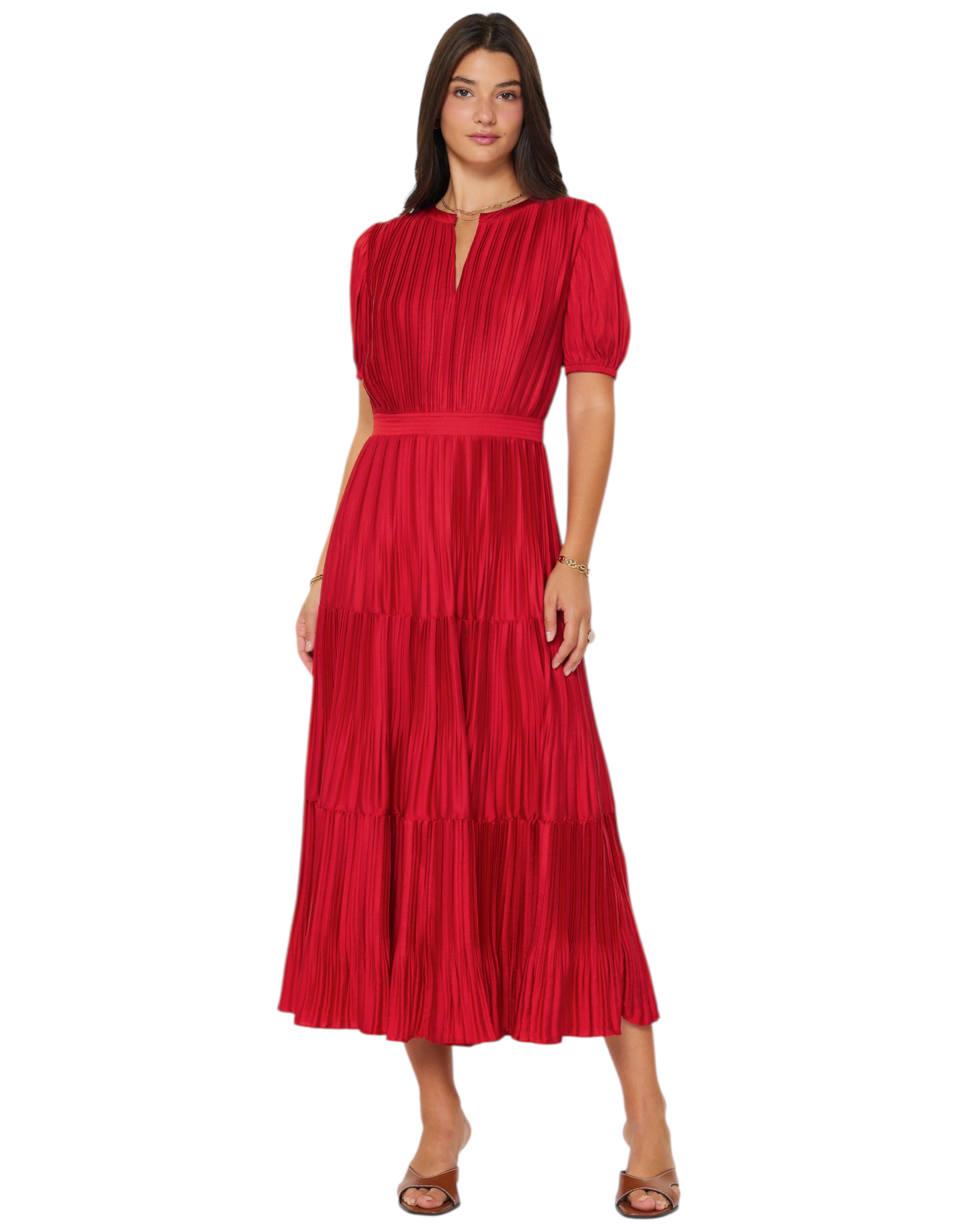 Pleated Tiered Maxi Dress with Puff Sleeves