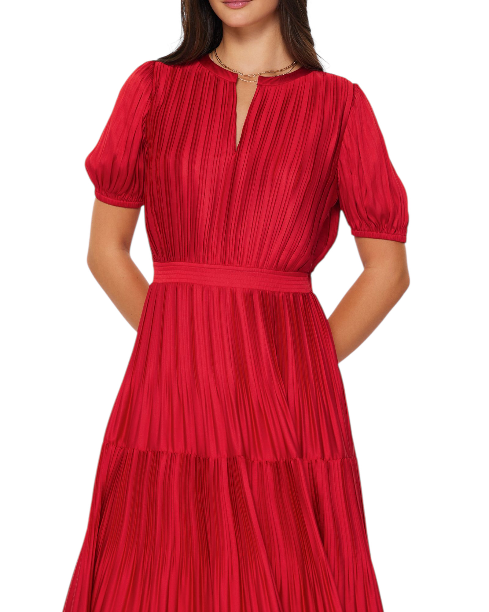 Pleated Tiered Maxi Dress with Puff Sleeves