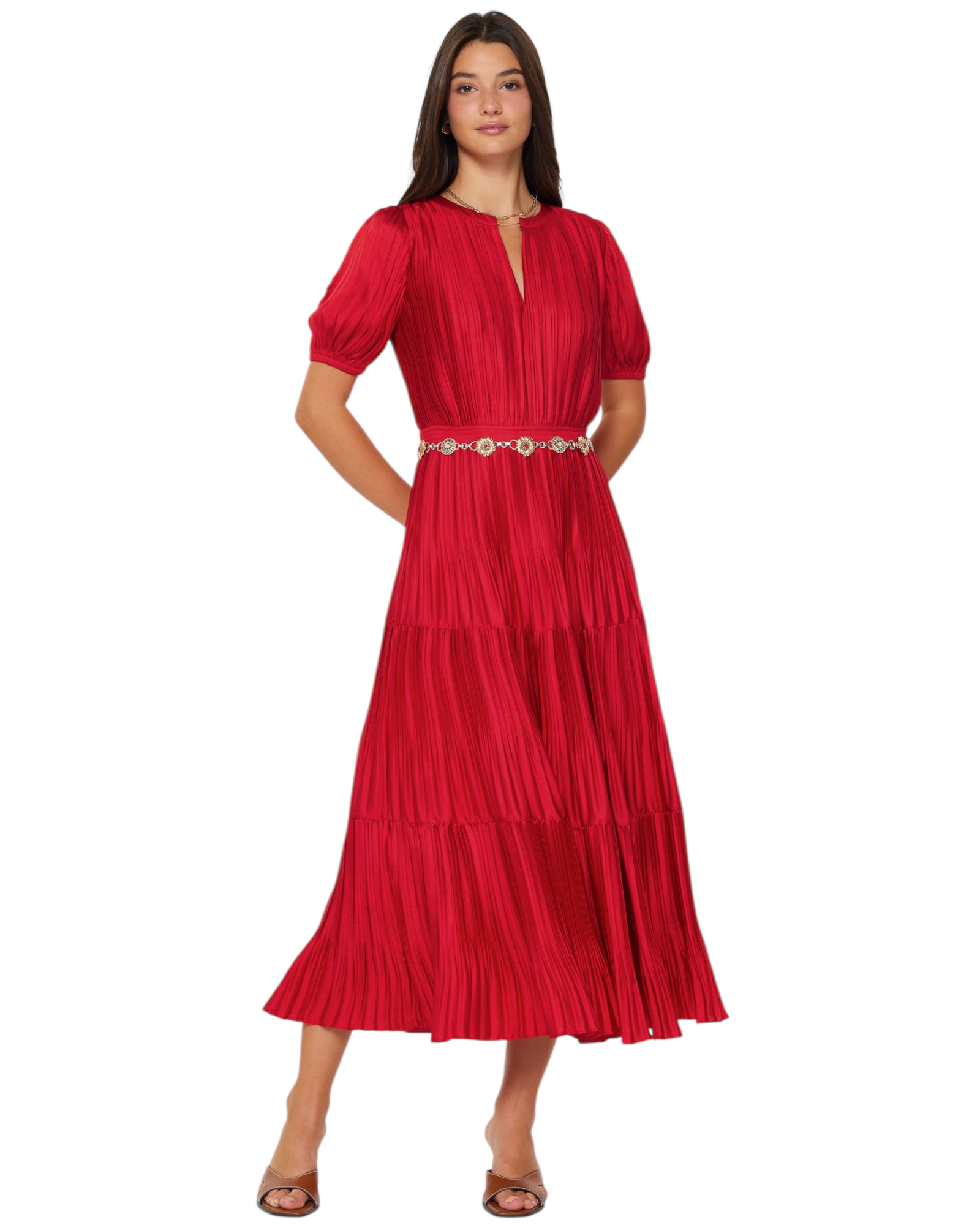 Pleated Tiered Maxi Dress with Puff Sleeves