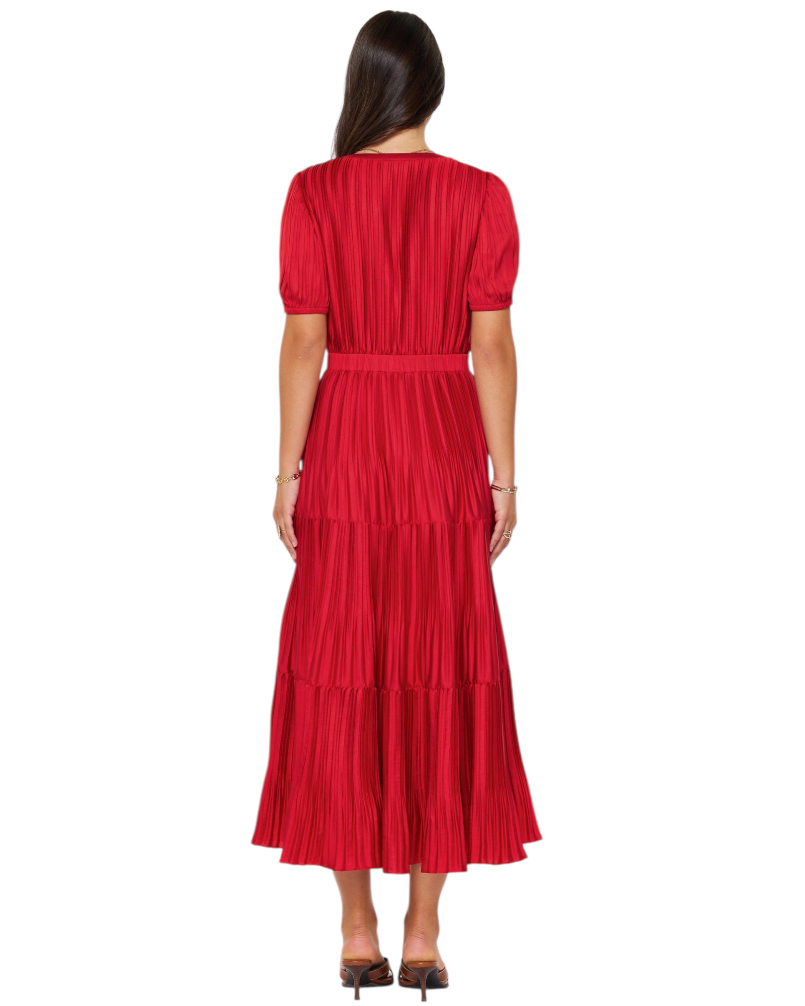 Pleated Tiered Maxi Dress with Puff Sleeves