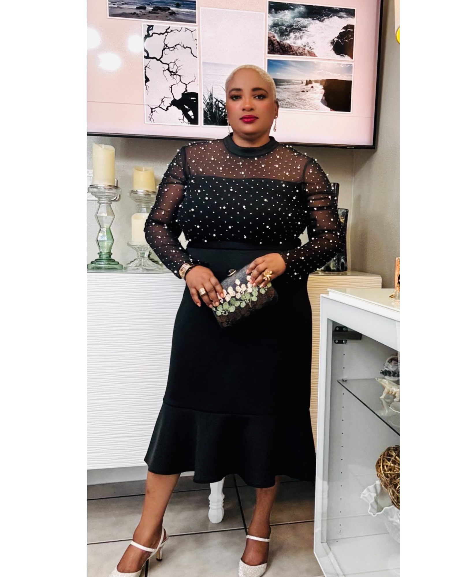 Pearl Illusion Mock Neck Dress