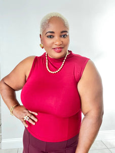 Elegant ruched shoulder sleeveless mock neck top in black and red — sophisticated women’s fashion top for work