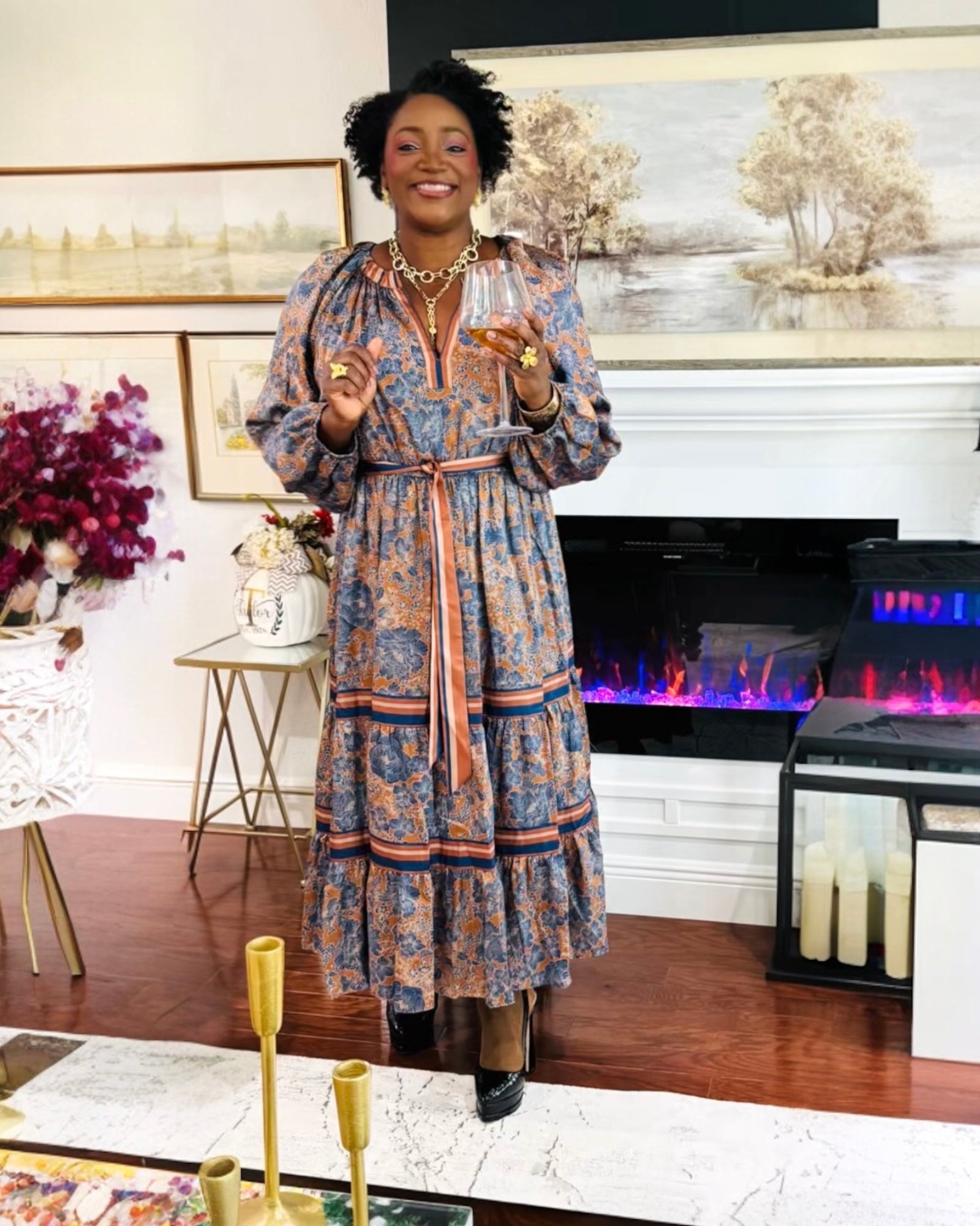 Split V-Neck Long Sleeve A-Line Floral Print Maxi Dress — Brown Navy Mult - D-S Fashion Sophisticated Boutique