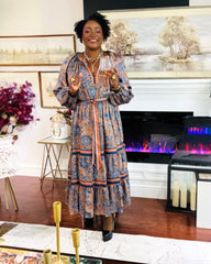 Split V-Neck Long Sleeve A-Line Floral Print Maxi Dress — Brown Navy Mult - D-S Fashion Sophisticated Boutique