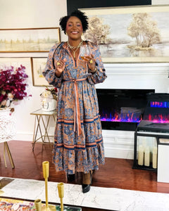 Split V-Neck Long Sleeve A-Line Floral Print Maxi Dress — Brown Navy Mult - D-S Fashion Sophisticated Boutique