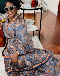 Split V-Neck Long Sleeve A-Line Floral Print Maxi Dress — Brown Navy Mult - D-S Fashion Sophisticated Boutique