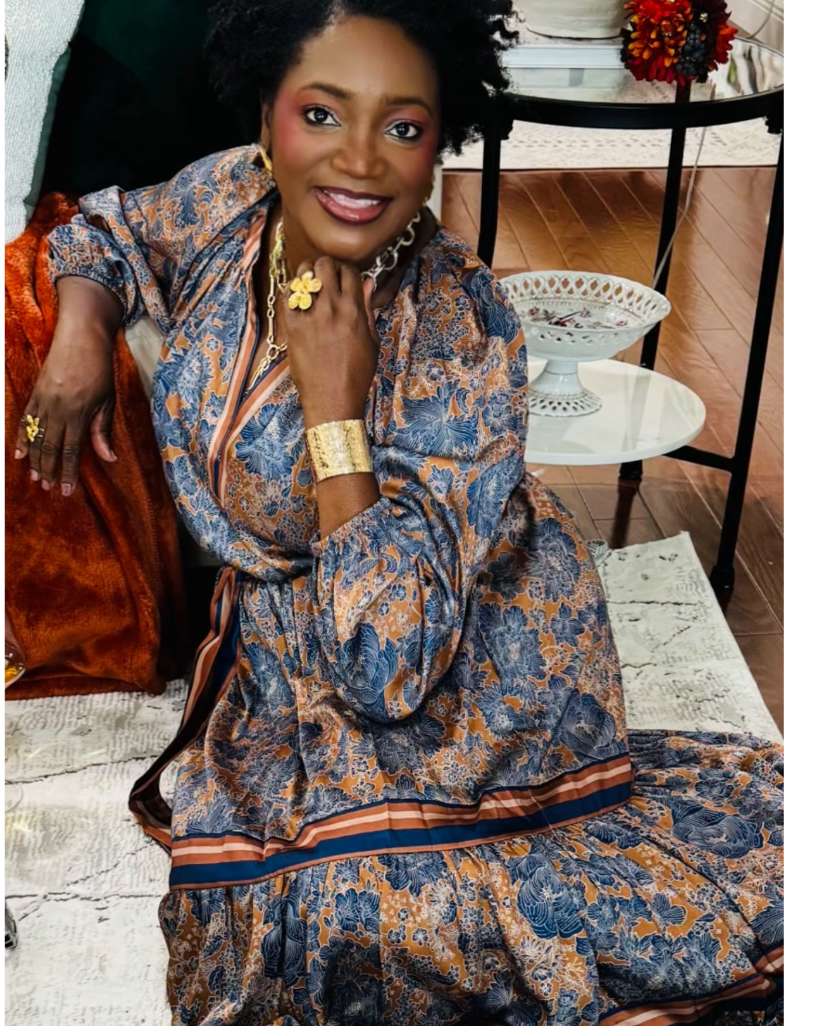 Split V-Neck Long Sleeve A-Line Floral Print Maxi Dress — Brown Navy Mult - D-S Fashion Sophisticated Boutique