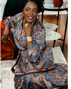 Split V-Neck Long Sleeve A-Line Floral Print Maxi Dress — Brown Navy Mult - D-S Fashion Sophisticated Boutique