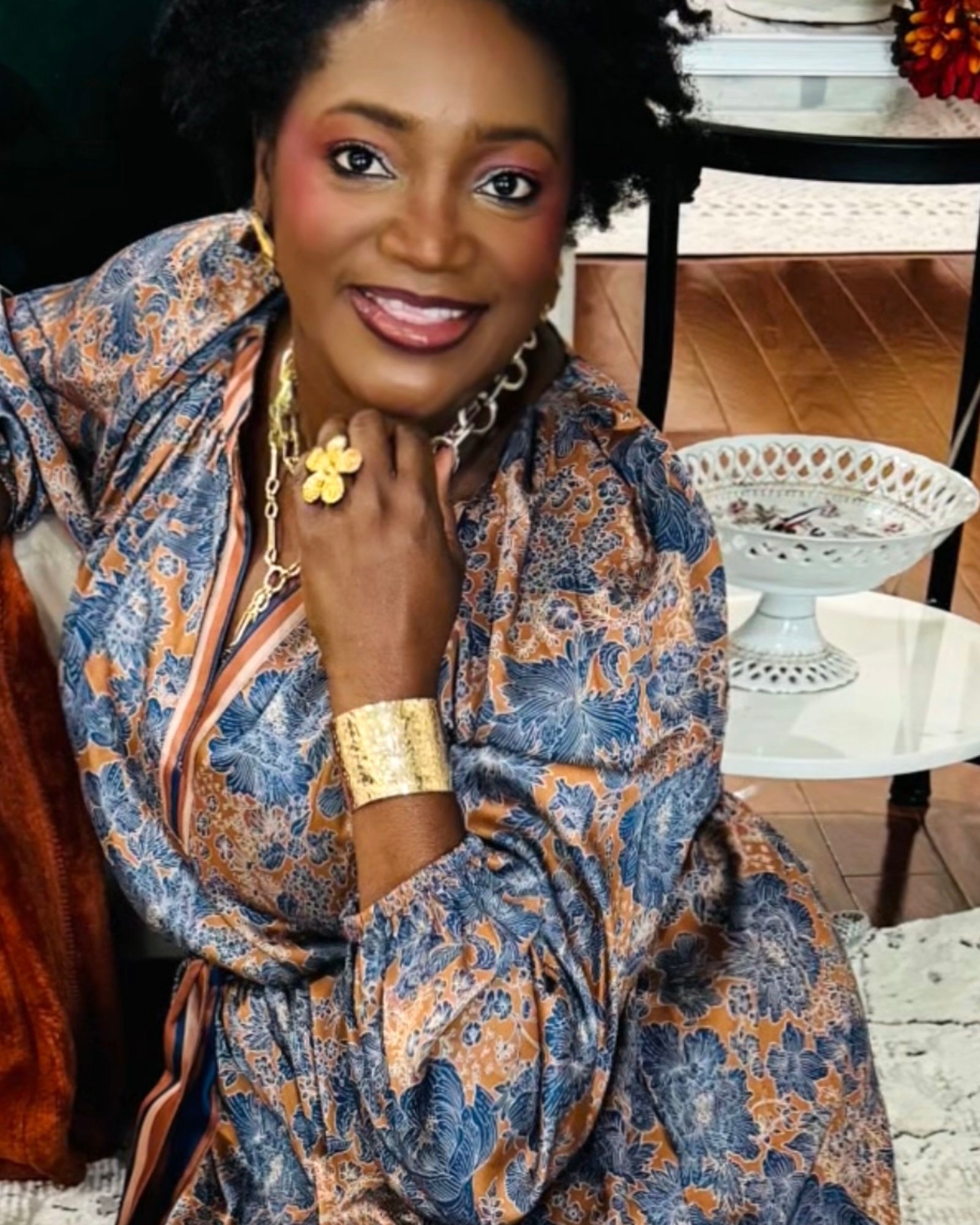 Split V-Neck Long Sleeve A-Line Floral Print Maxi Dress — Brown Navy Mult - D-S Fashion Sophisticated Boutique