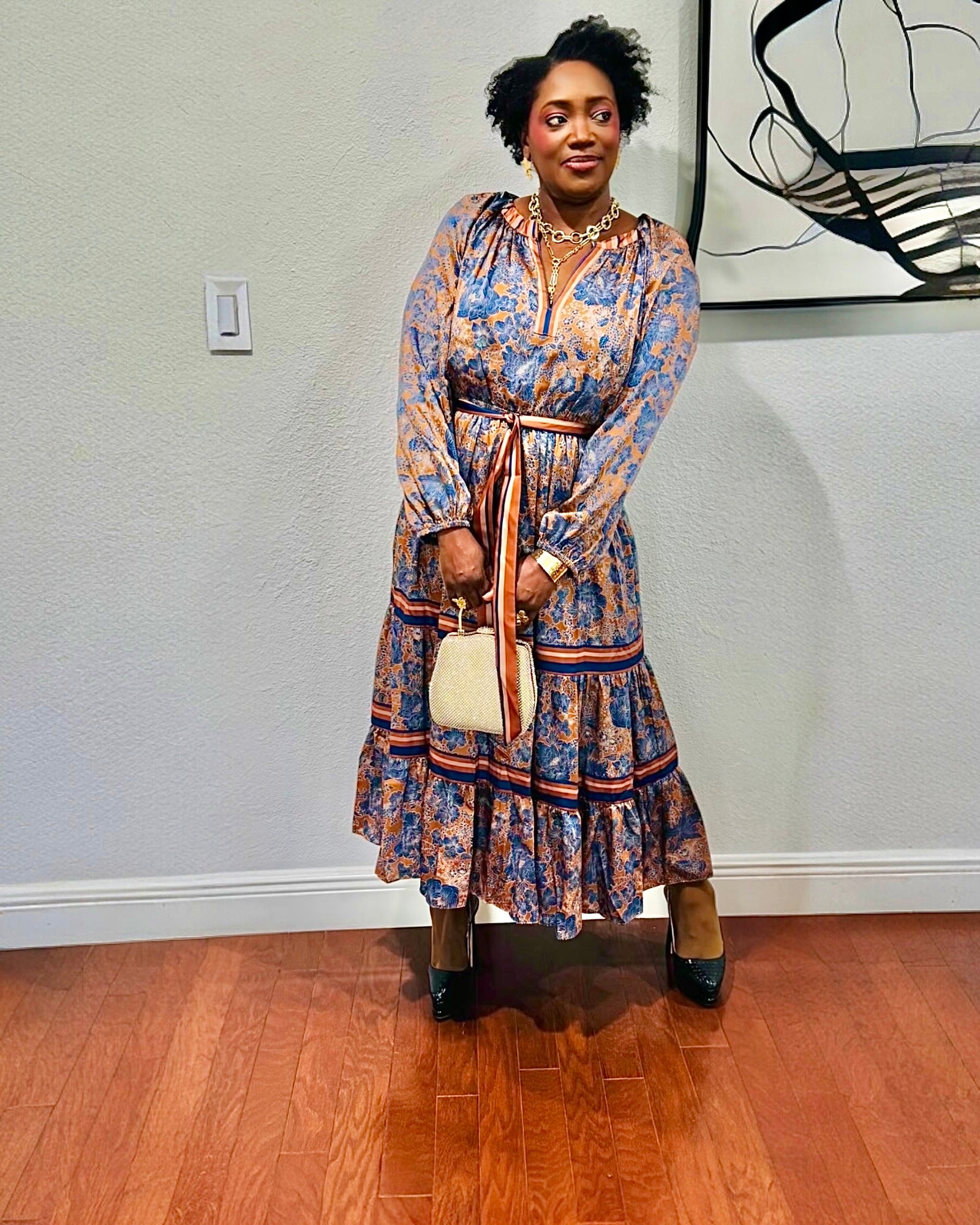 Split V-Neck Long Sleeve A-Line Floral Print Maxi Dress — Brown Navy Mult - D-S Fashion Sophisticated Boutique
