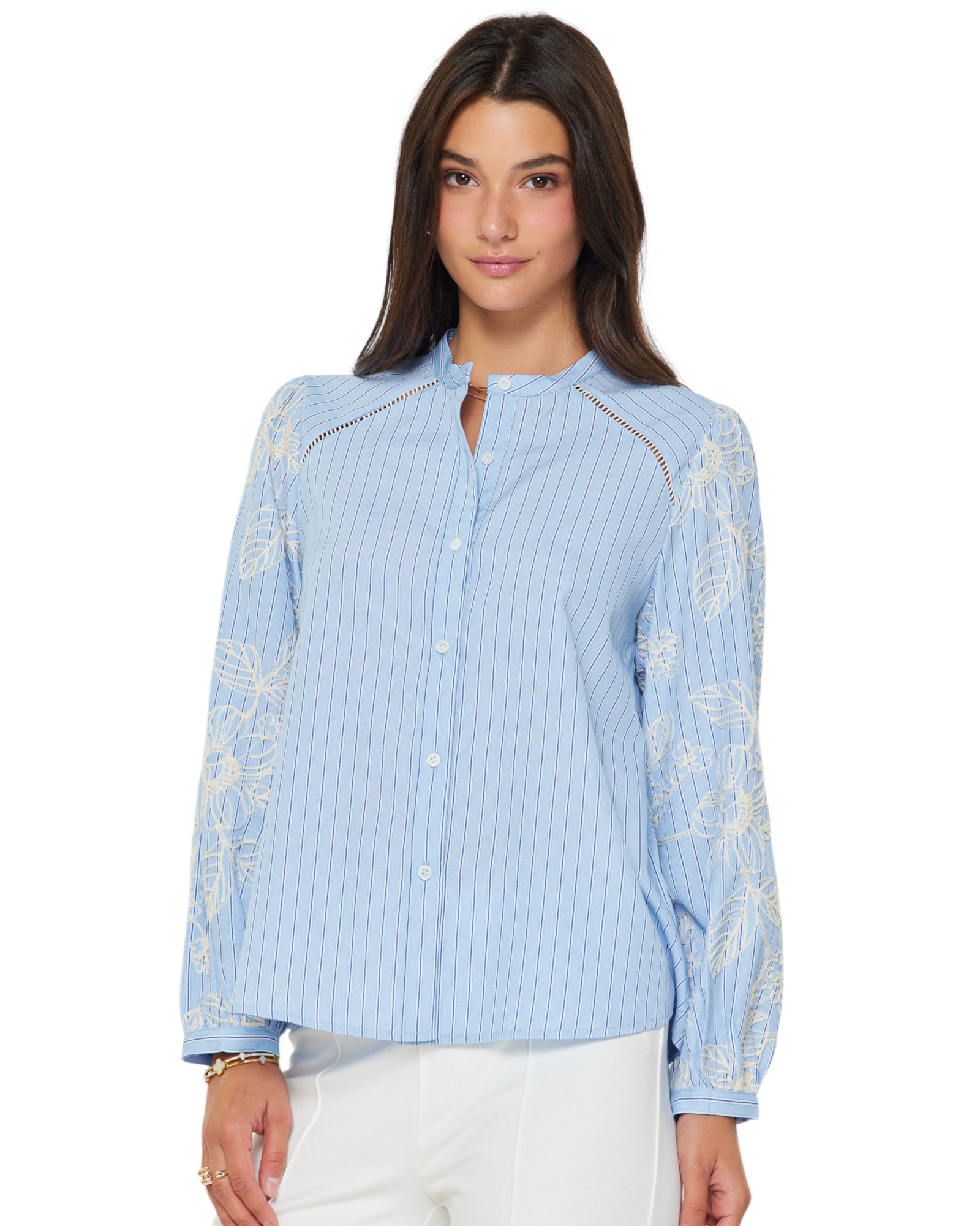 Pinstripe Embroidered Blouse