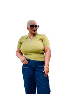 Olive Half Zipped Cropped Sweater Knit Top