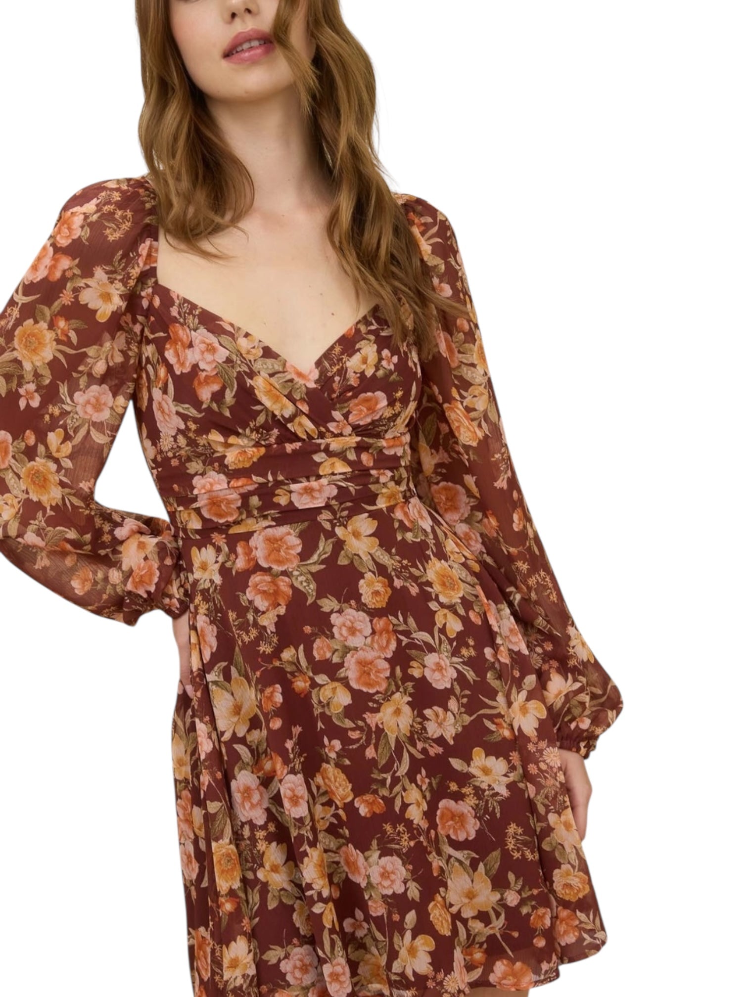 Floral Sweetheart Long Sleeve Back Tie Mini Dress for Women – romantic floral mini dress for work, brunch, or special occasions. Affordable women’s fashion and elegant clothing from DS Fashion Sophisticated Boutique.