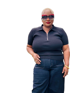 Black Half Zipped Cropped Sweater Knit Top