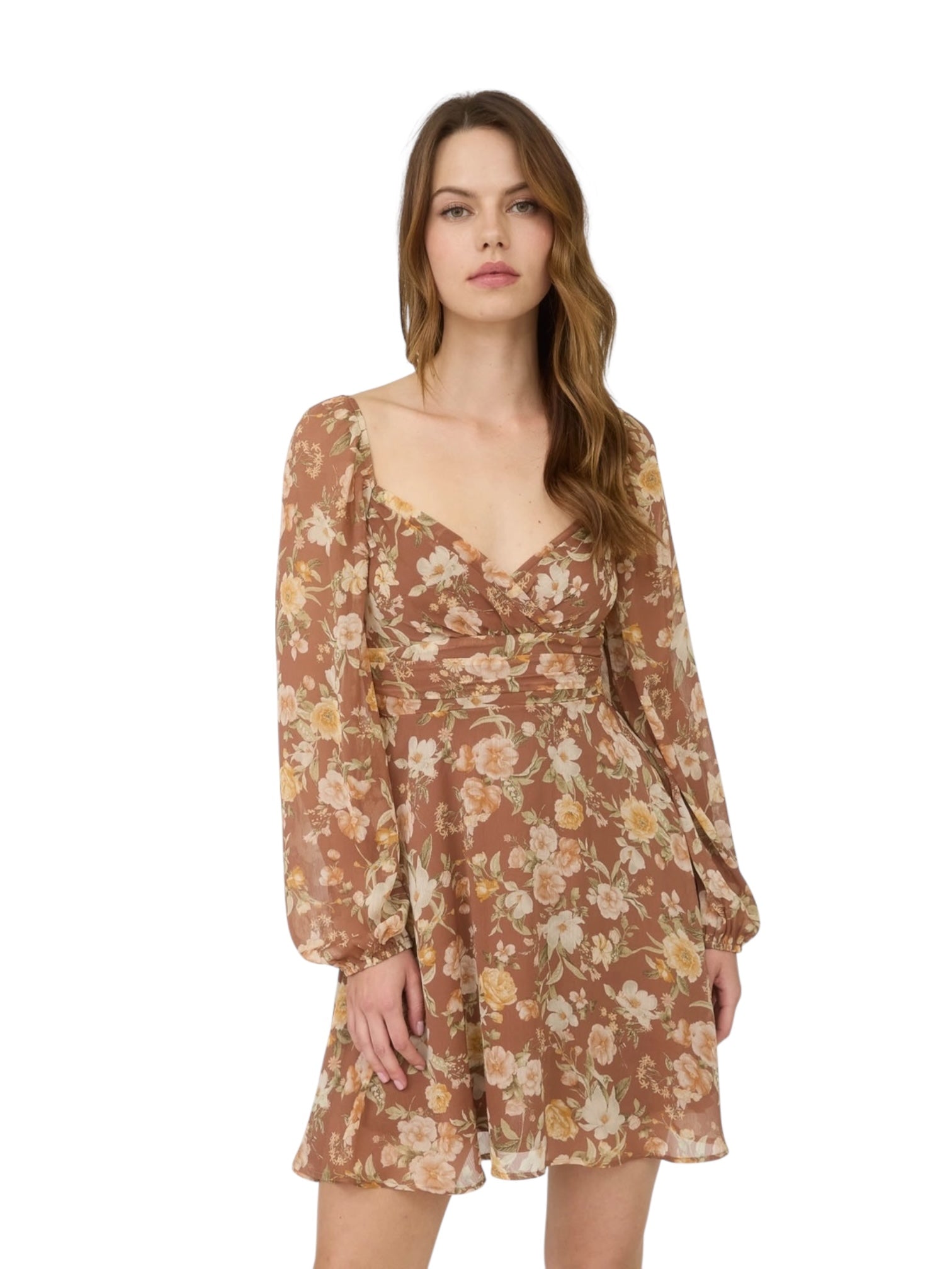Floral Sweetheart Long Sleeve Back Tie Mini Dress for Women – romantic floral mini dress for work, brunch, or special occasions. Affordable women’s fashion and elegant clothing from DS Fashion Sophisticated Boutique.