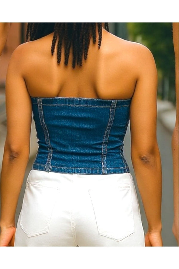 Button Down Stretch Denim Tube Top - DS Fashion Sophisticated Boutique