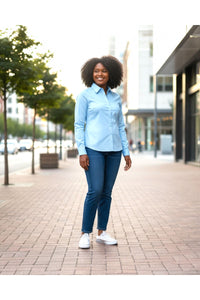 Plus Size Long Sleeve Button Down Stretch Poplin Shirt - D-S Fashion Sophisticated Boutique