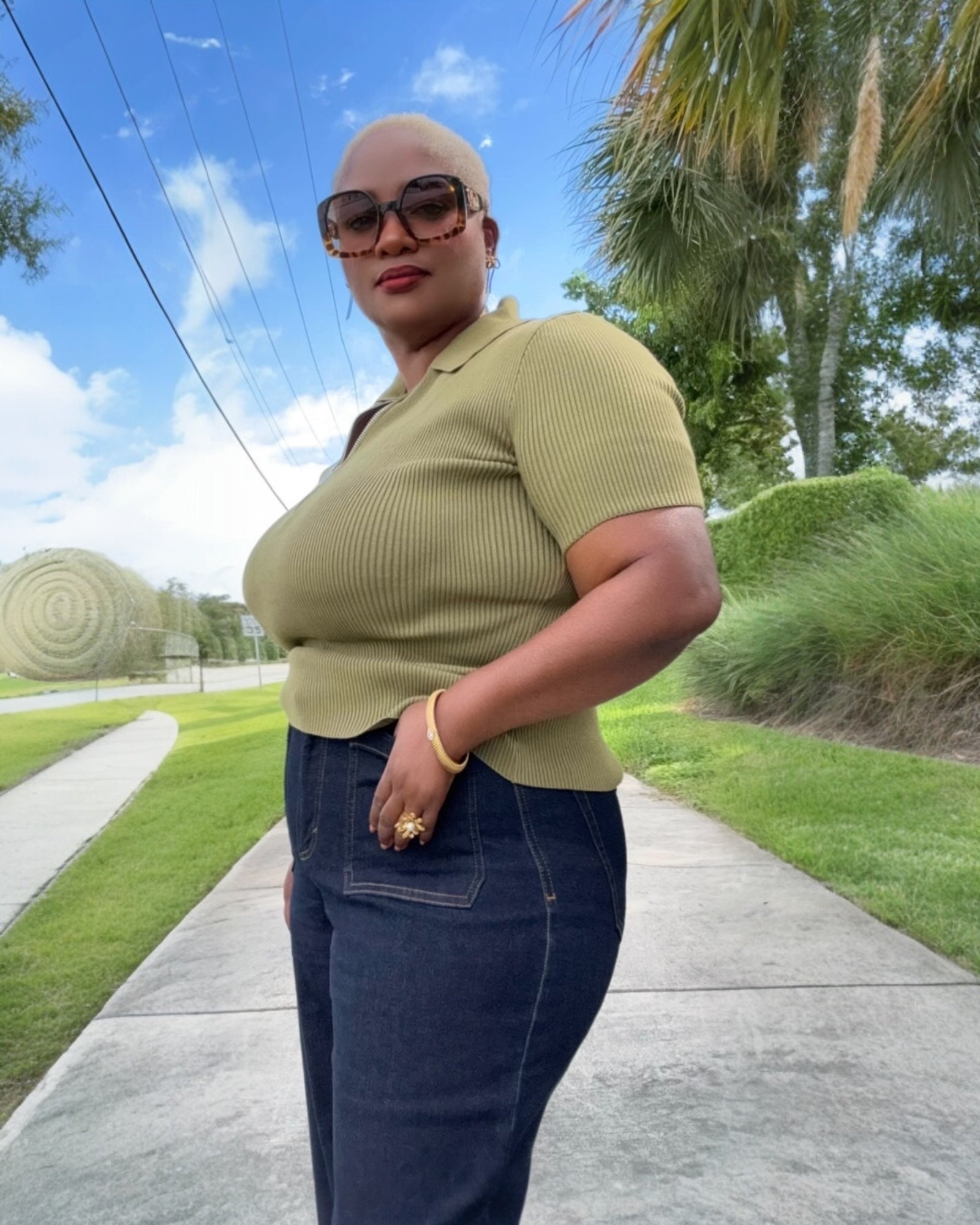 Olive Half Zipped Cropped Sweater Knit Top