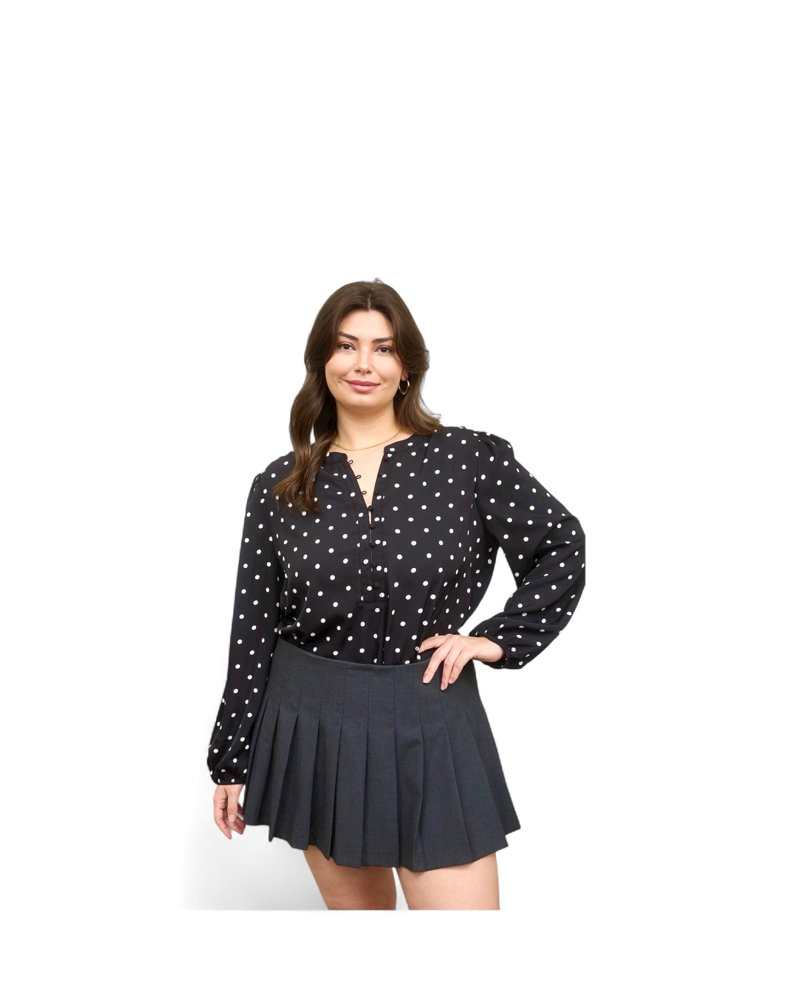 Polka Dot V-Neck Henley Blouse - D-S Fashion Sophisticated Boutique
