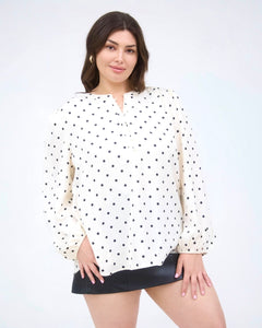 Polka Dot V-Neck Henley Blouse - D-S Fashion Sophisticated Boutique