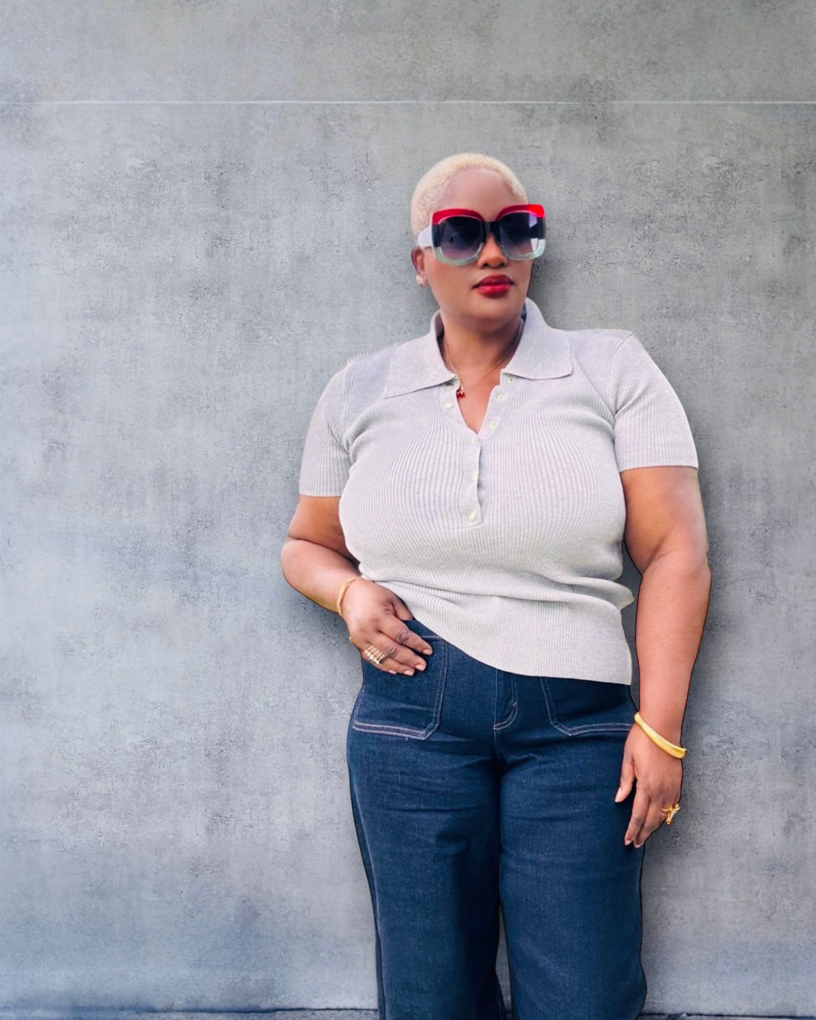 Plus Size Snap Collared Half Snap Button Short Sleeve Sweater Knit Top in heather gray.