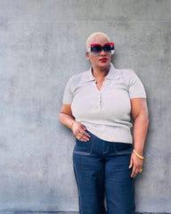 Plus Size Snap Collared Half Snap Button Short Sleeve Sweater Knit Top in heather gray.