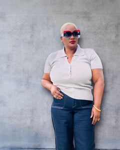 Plus Size Snap Collared Half Snap Button Short Sleeve Sweater Knit Top in heather gray.