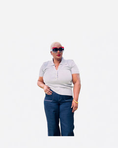 Plus Size Collared Half Snap Button Short Sleeve Sweater Knit Top in heather gray.