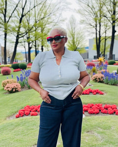 Plus Size Collared Half Snap Button Short Sleeve Sweater Knit Top in heather gray.