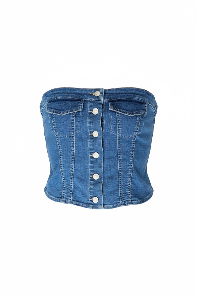 Button Down Stretch Denim Tube Top - D-S Fashion Sophisticated Boutique
