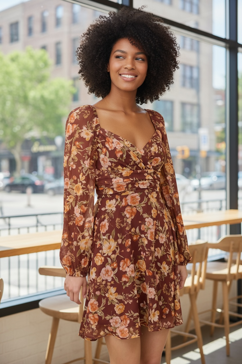 Floral Sweetheart Long Sleeve Back Tie Mini Dress